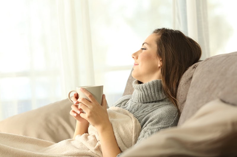 Portrait of a pensive woman relaxing sitting on a sofa in the living room in a house interior in winter enjoying her zone control system.