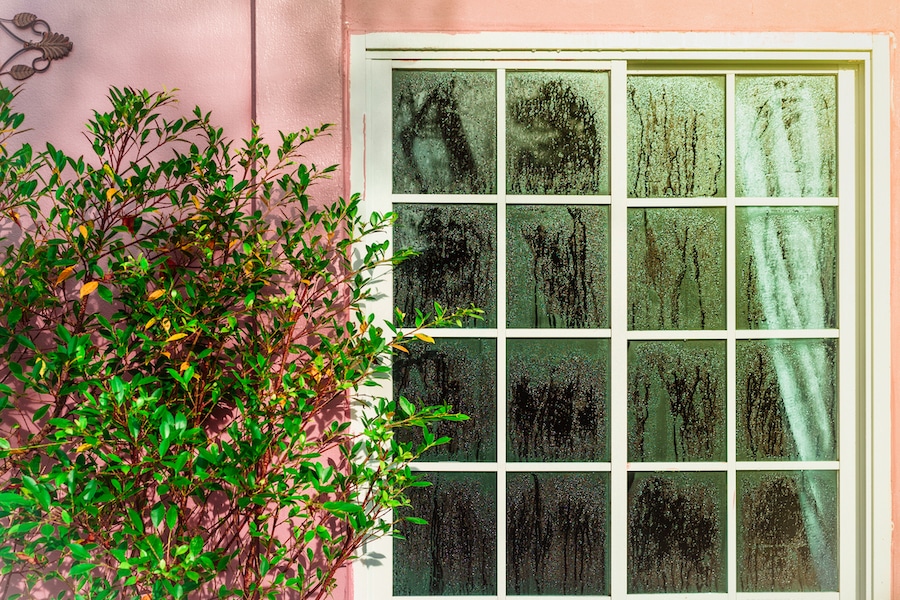 Glass door with condensation and a tree, high humidity. Texture of water on a glass.Phenomenon of nature and exterior concept.